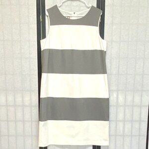 Anne Klein Grey White Stripe Shift Dress Sleeveless Midi 16 Lined Wide Bands